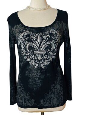 Vocal Womens XL Rhinestone Top Black Lng Slv Embellished Fleur-De-Lis Graphic